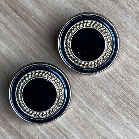 5/$20 Pair Buttons Black and Gold Round 1" dia x 1/4'' Tall Plastic - Picture 1 of 2